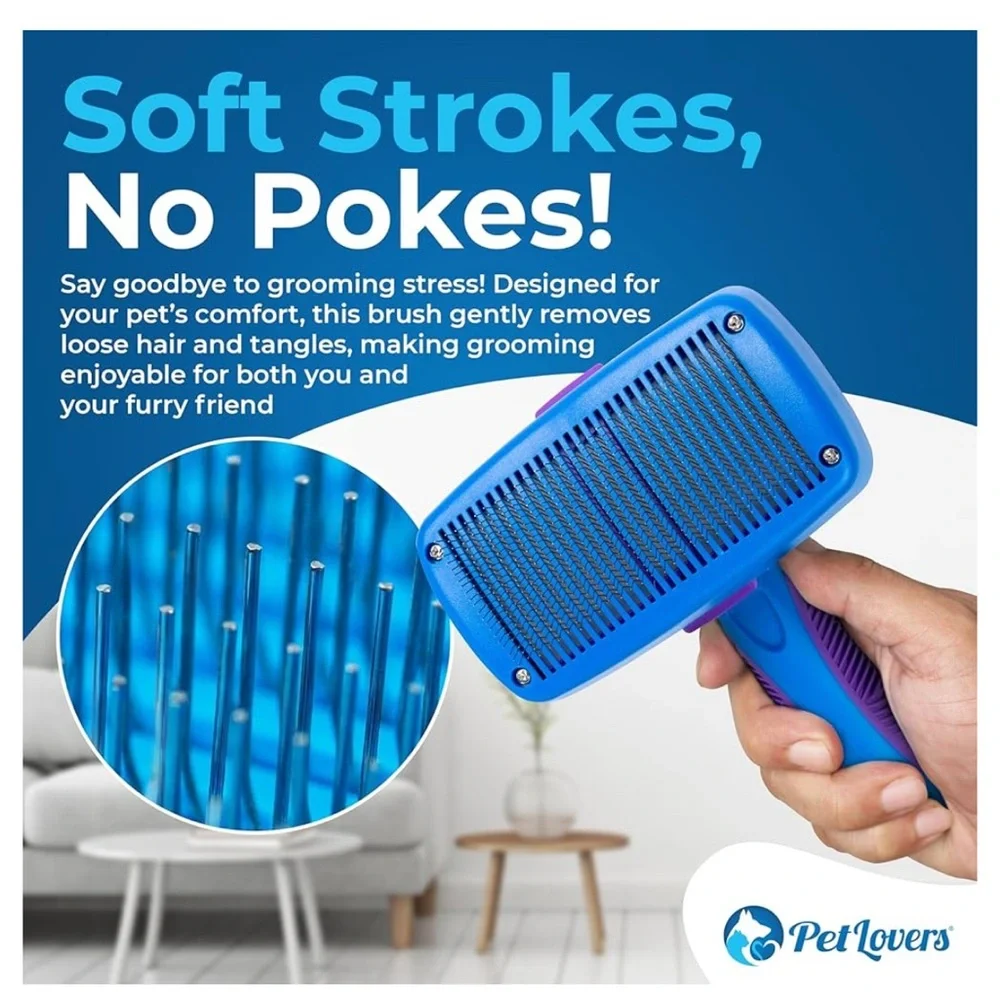 NEW PetLovers EzSlicker Self-Cleaning Brush Dog Cat Shedding Gentle Tangle-Free